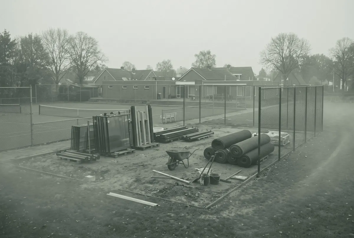 Bouwmaterialen voor een nieuwe padelbaan naast een tennisbaan bij een dorpse sportclub