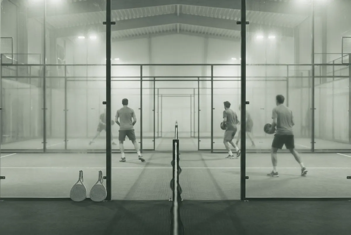 Indoor padelhal met meerdere glazen banen op een rij, spelers op de achtergrond tijdens een rally