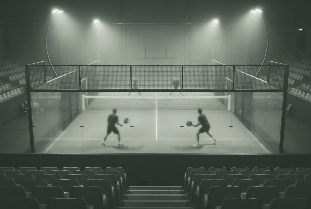 Een dubbelwedstrijd in een padelarena onder schijnwerpers, gezien vanaf de tribune