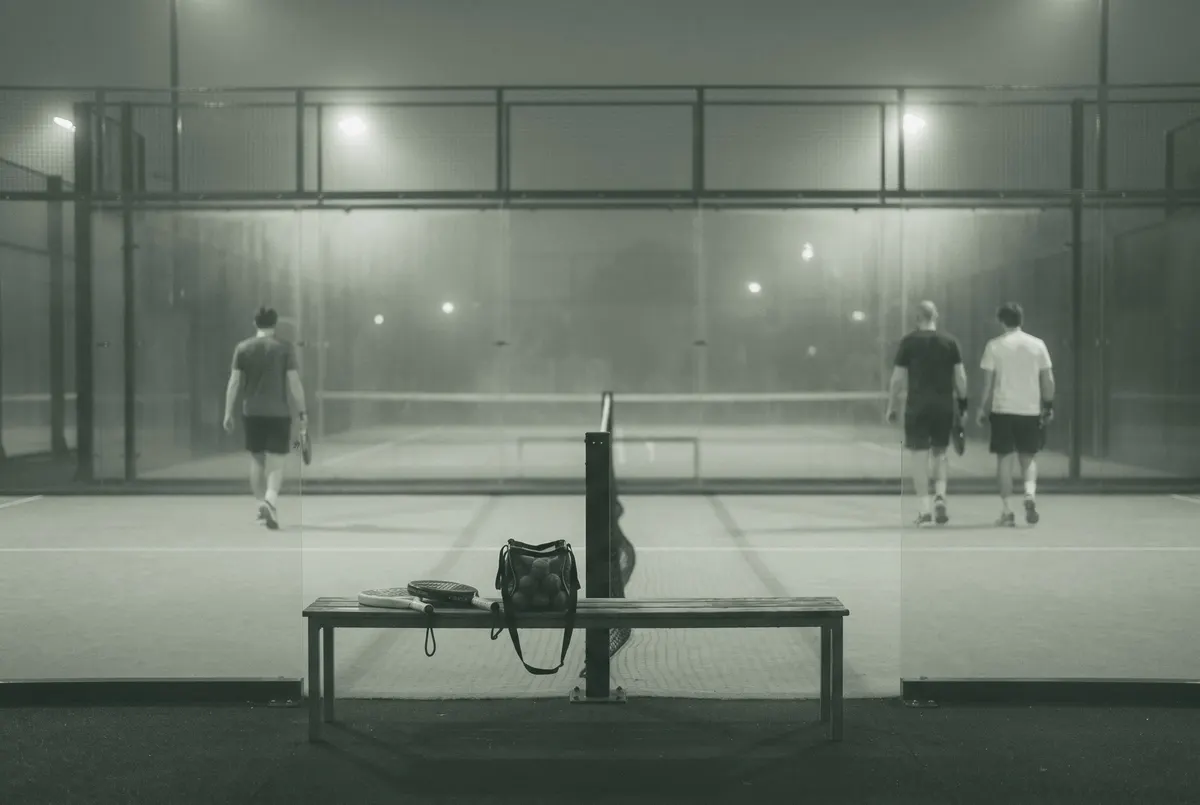 Lege padelbaan in de avondschemering met rackets op een bankje en spelers op de achtergrond
