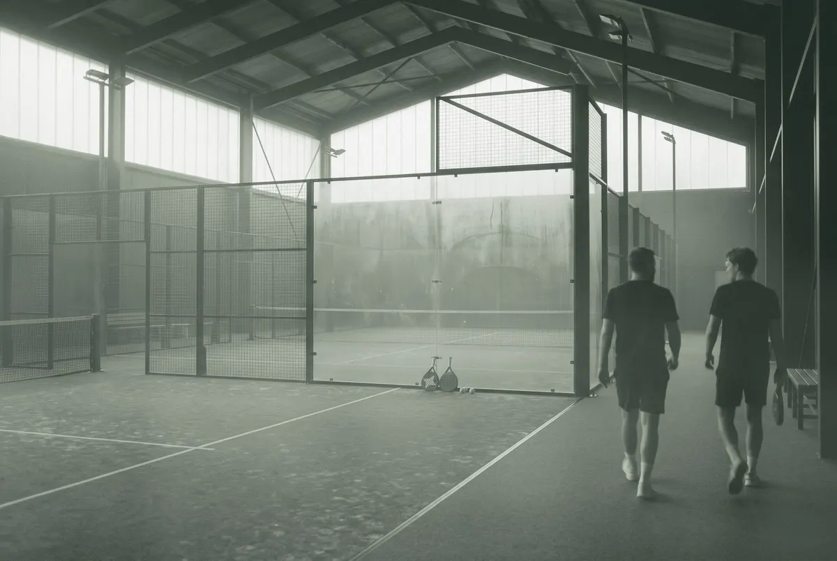 Lege indoor padelbaan met glazen wanden in een net geopend padelcentrum in Almere