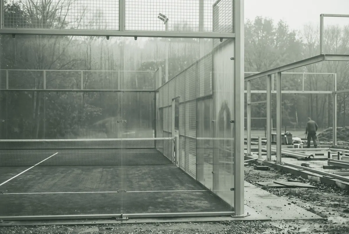 Lege padelbaan in de herfst met de bouw van een nieuwe baan op de achtergrond
