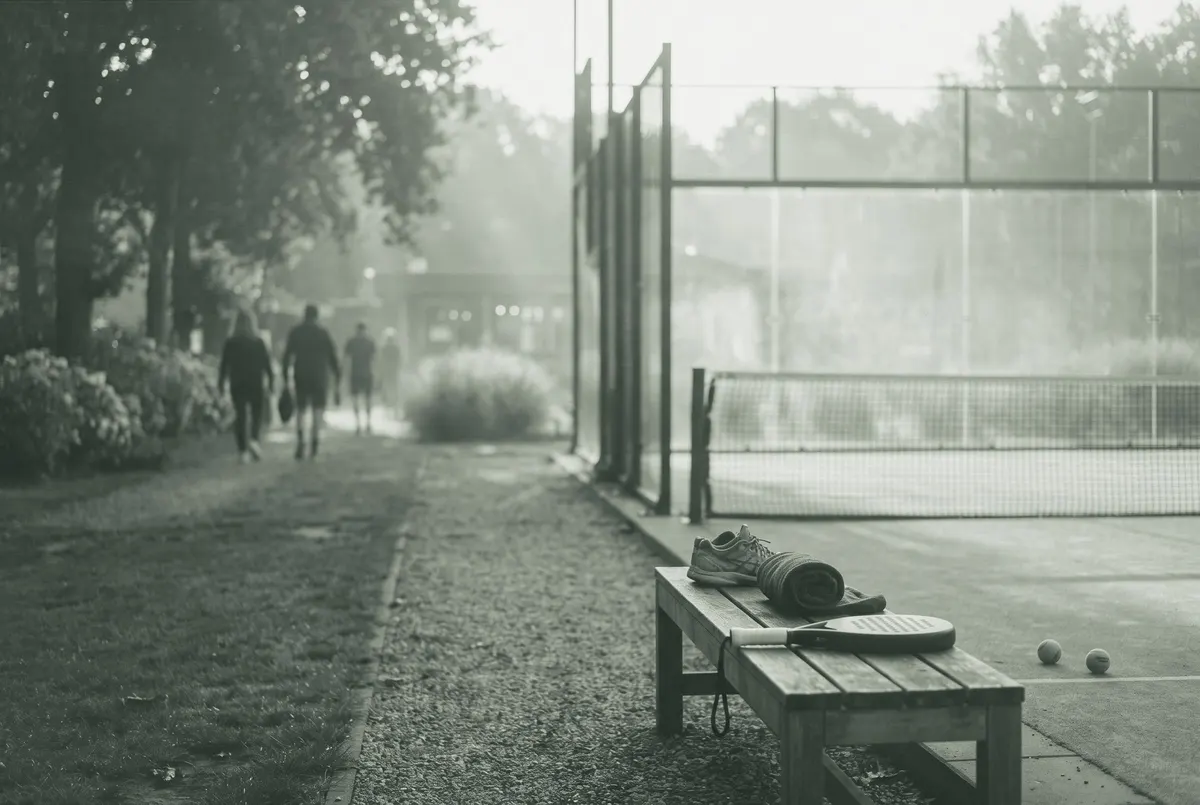 Lege padelbaan met glazen wanden in gouden avondlicht, racket en handdoek op een bankje