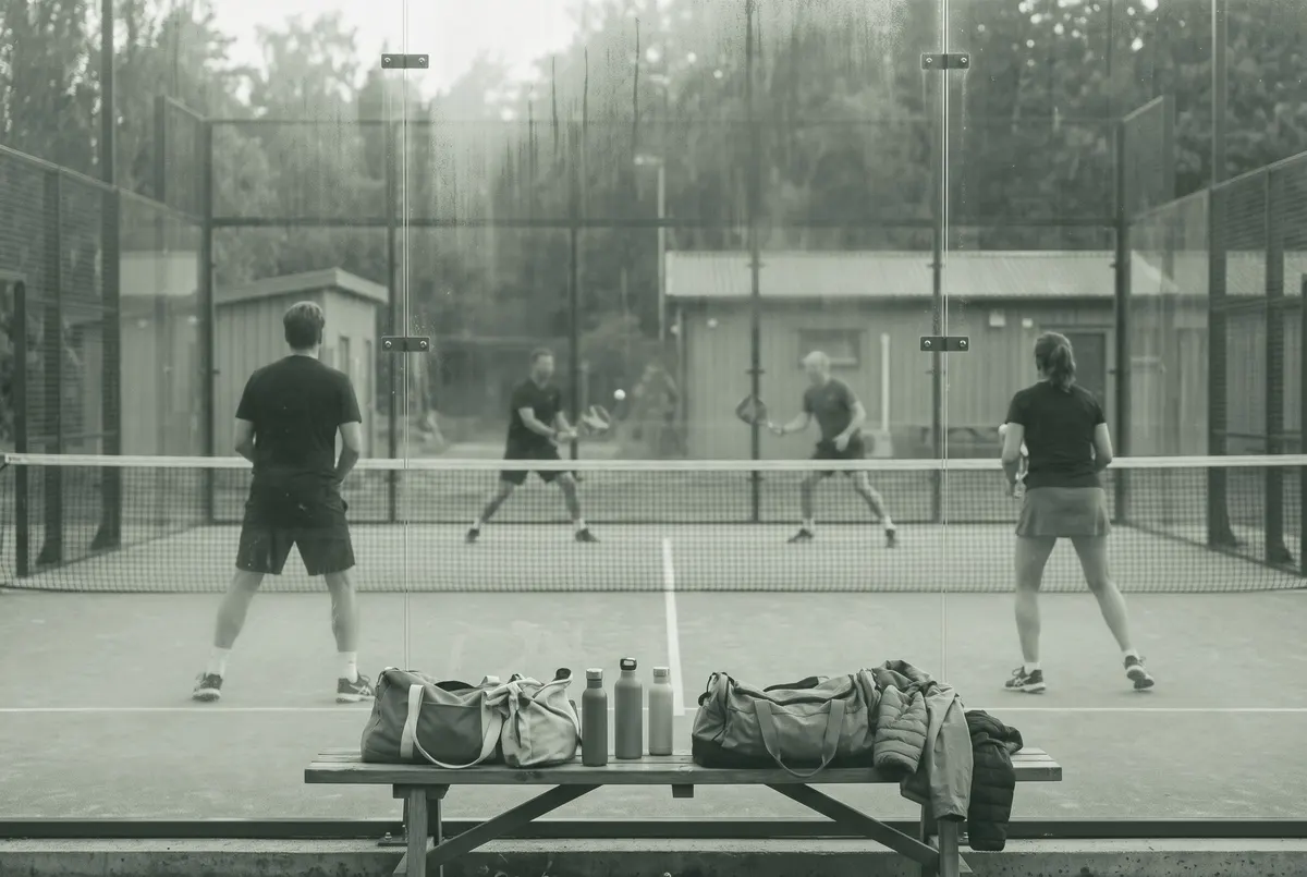 Vier spelers in sportkleding op een padelbaan, gezien door beslagen glas