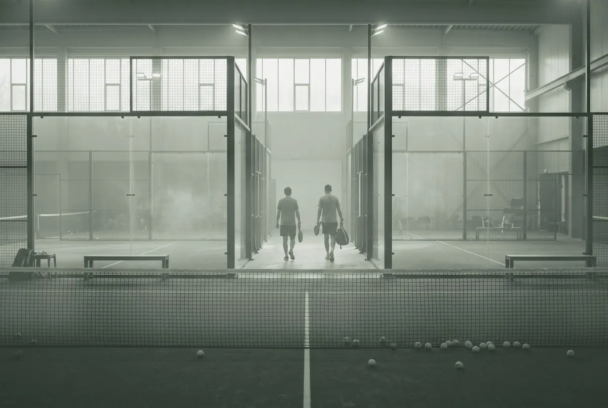 Lege indoor padelbaan met glazen wanden in een padelcentrum in Groningen, met spelers op de achtergrond