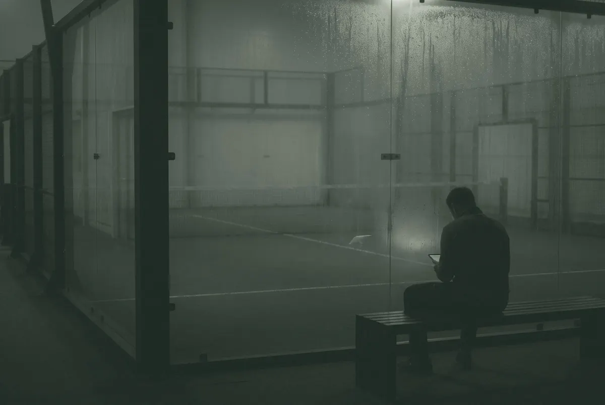 Lege padelbaan achter beslagen glas, met een flauwe schermgloed op de achtergrond