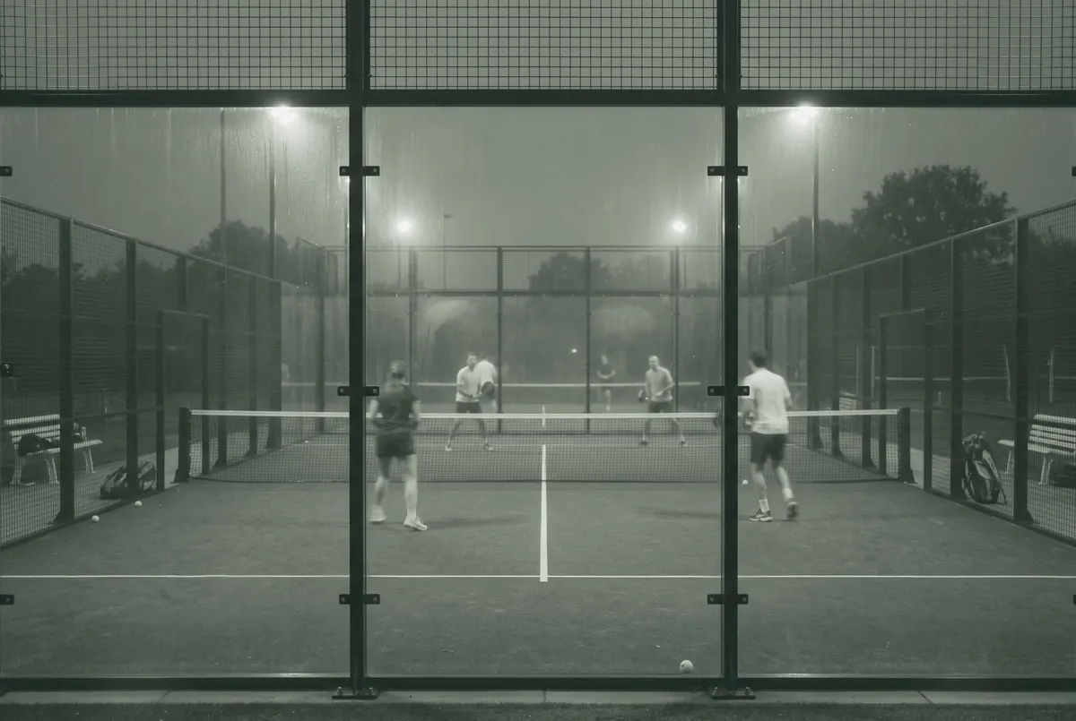 Lege padelbaan achter glas met op de achtergrond vier spelers die een rally spelen