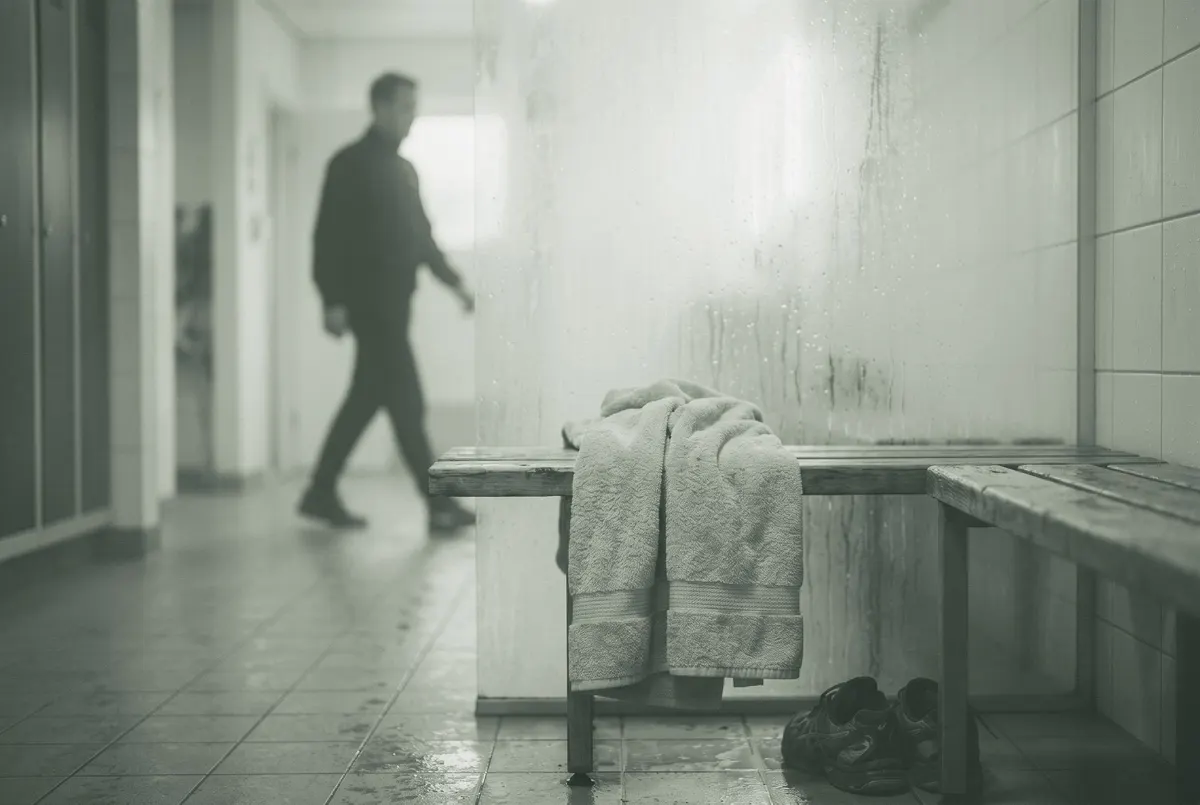 Opgevouwen handdoek op een bankje in een beslagen kleedkamer van een padelclub