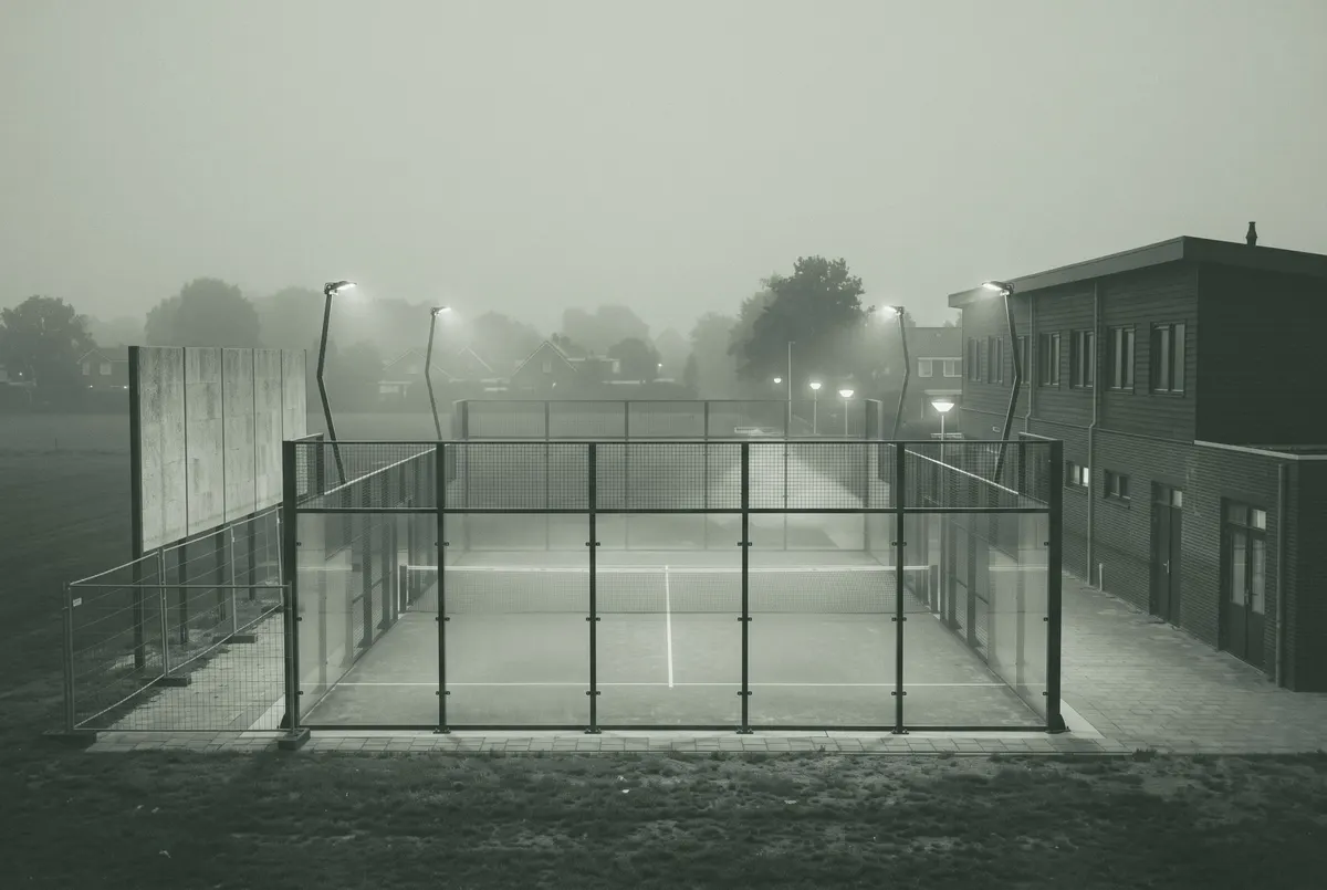 Lege buitenbaan met hoog geluidsscherm op de plek waar het nieuwe padelcentrum in de Tilburgse Reeshof moet komen