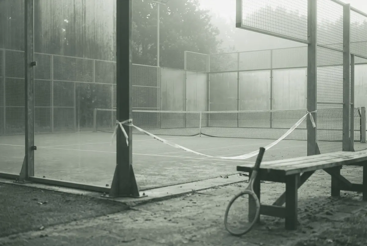 Lege padelbaan in de ochtendmist, aangelegd op de plek van een oude tennisbaan, met een racket op een bankje op de voorgrond