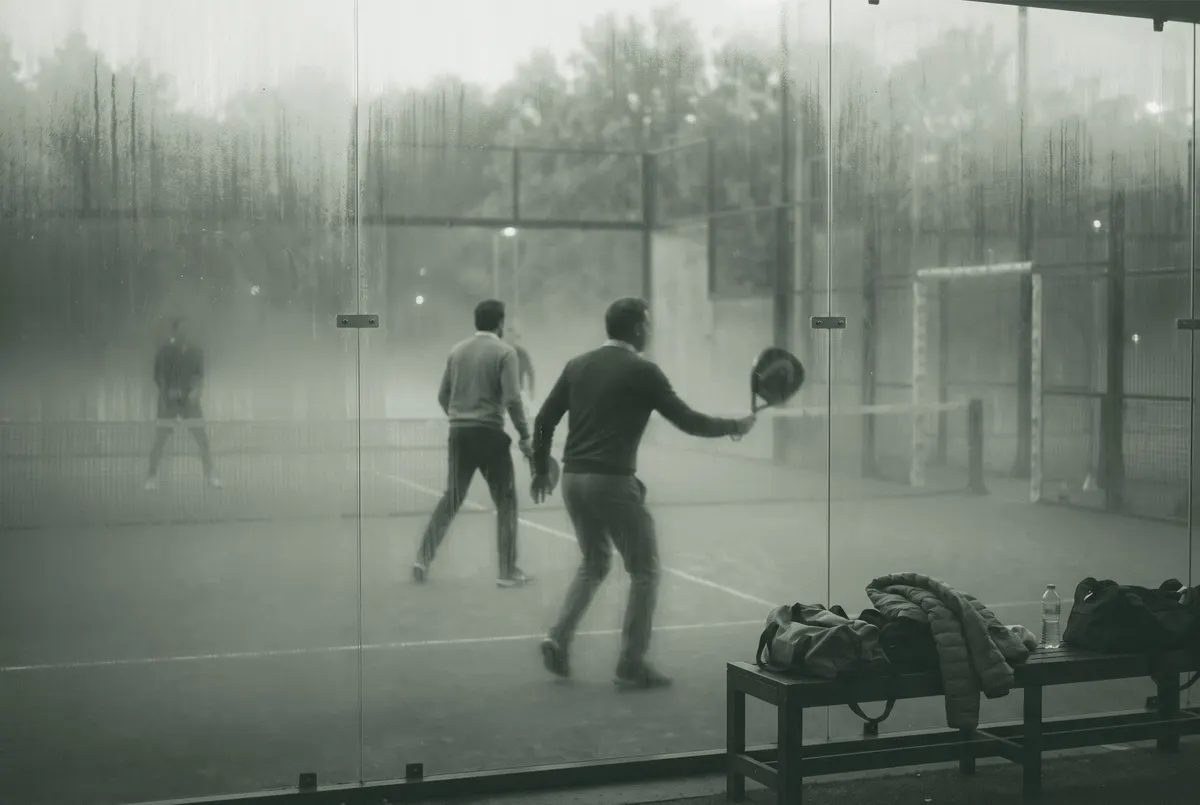 Wazig zicht door beslagen glas op padelspelers in zakelijke kleding tijdens een bedrijfsuitje