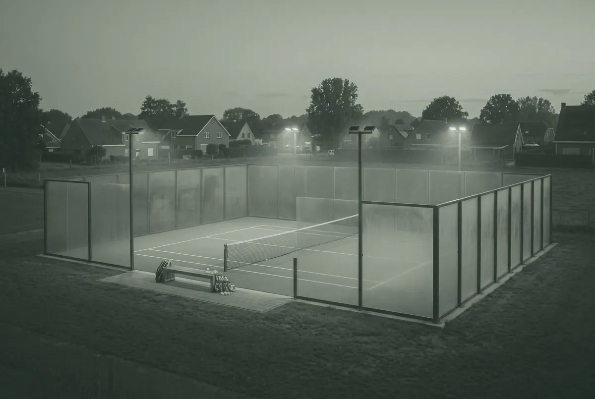 Lege nieuwe padelbaan in een dorp bij schemering, met glazen wanden en een net